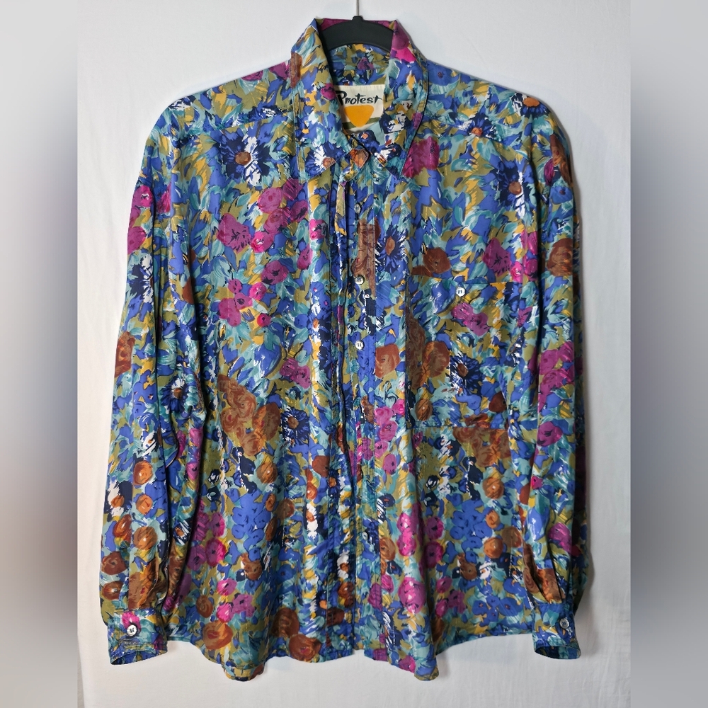 VTG Protest 100% Silk Abstract Floral Indie Artsy Maximalist Shirt Indie Unisex